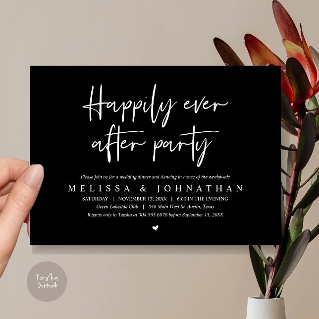 Convites Janto de Elopemento de Casamento, Feliz Nunca Depo (Wedding Elopement Dinner, Happily Ever after Party Invitation Card, PDF, in Classy Black)