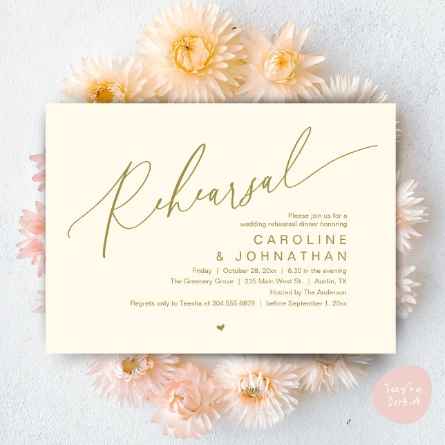 Convites Janto de ensaio, A Noite Antes Da Festa de casamen (Romantic Rehearsal Dinner The Night Before Wedding Dinner Party Invitation Card PDF Yellow Gold)