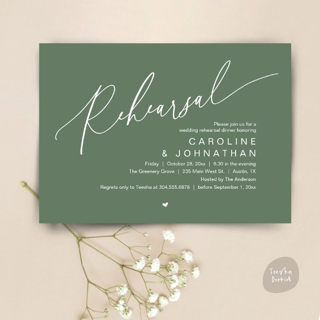 Convites Janto de ensaio, A Noite Antes Da Festa de casamen (Romantic Rehearsal Dinner The Night Before Wedding Dinner Party Invitation Card PDF Sage Green)