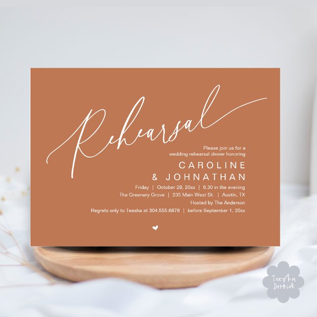 Convites Janto de ensaio, A Noite Antes Da Festa de casamen (Romantic Rehearsal Dinner The Night Before Wedding Dinner Party Invitation Card PDF Copper Brown)