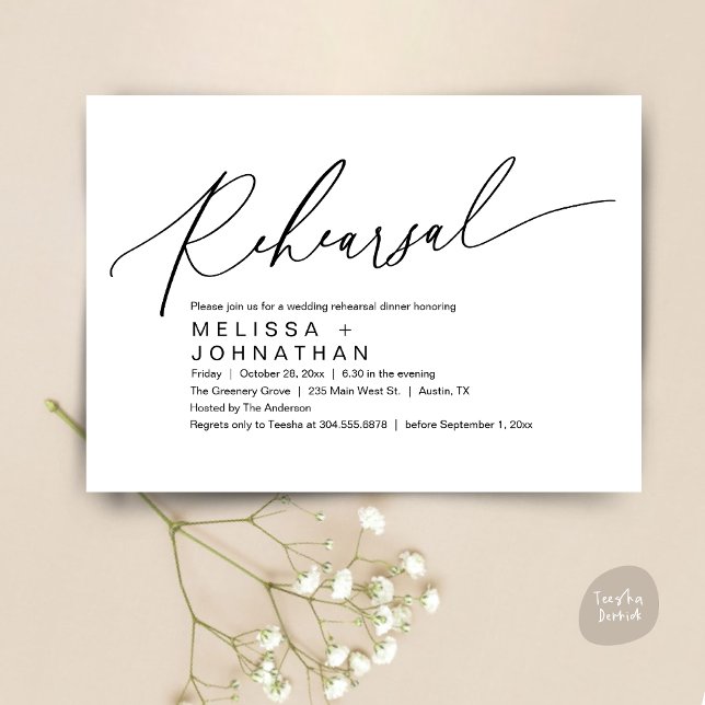 Convites Janto de ensaio, A Noite Antes Da Festa de casamen (Romantic Rehearsal Dinner The Night Before Wedding Dinner Party Invitation Card PDF Black White)
