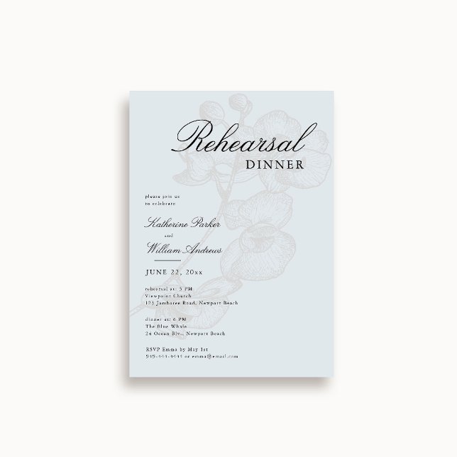 Convites Janto de Ensaio Azul de Esboço Clássico Moderno (wedding rehearsal invitation something blue orchid sketch botanical modern classic elegant script)