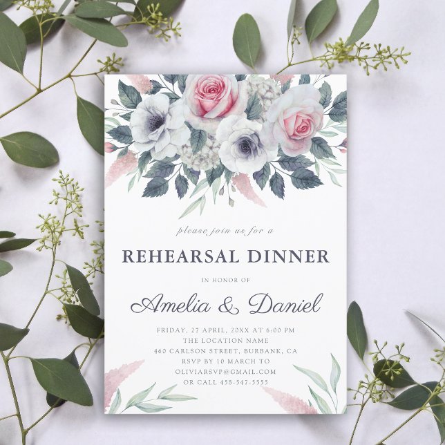 Convites Janto de ensaio azul de Rosas de aquarela romântic (Criador carregado)