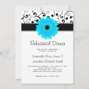 Convites Janto de ensaio Blue Gerbera Daisy Black Scroll