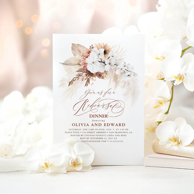 Convites Janto de ensaio Boho Botânico Floral Terracotta (White Orchids Terracotta Boho Rehearsal Dinner Invitations)