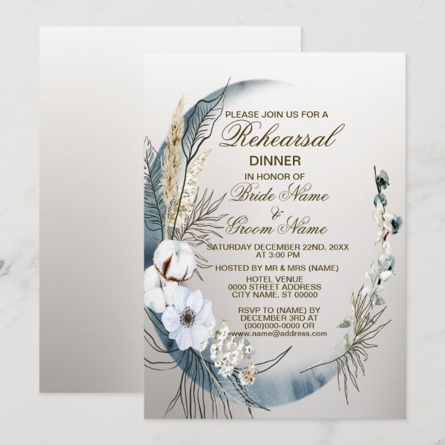 Convites Janto de ensaio Boho White Flower Blue Moon Party (Frente/Verso)