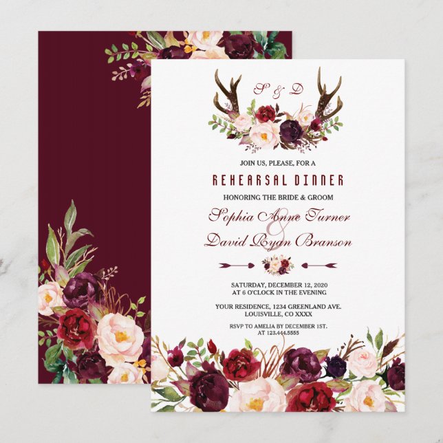 Convites Janto de ensaio Burgundy Marsala Floral Antlers (Frente/Verso)