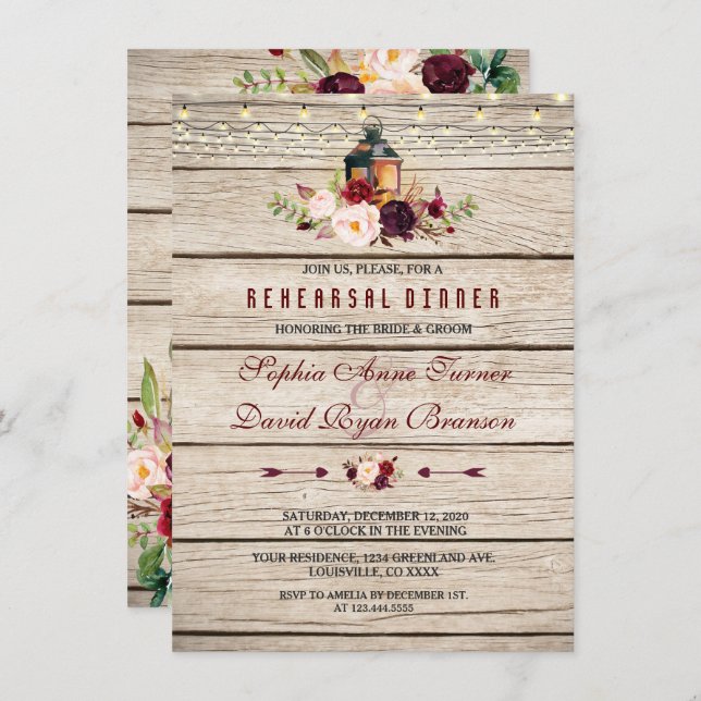 Convites Janto de ensaio Burgundy Marsala Floral Lanterna (Frente/Verso)