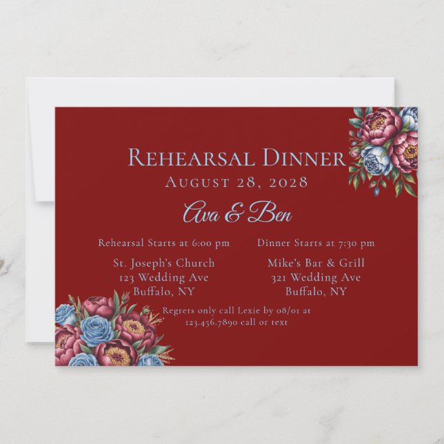 Convites Janto de ensaio Burgundy Peony e Blue Rosa (Frente)