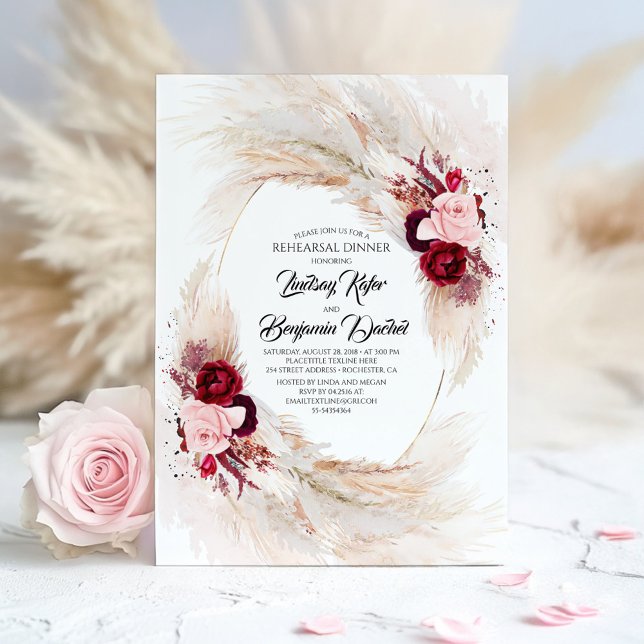 Convites Janto de Ensaio Burgundy Red Floral Pampas Grass (Rehearsal Dinner Invitation)