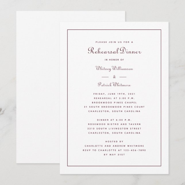 Convites Janto de ensaio Casamento Elegante Burgundy Script (Frente/Verso)