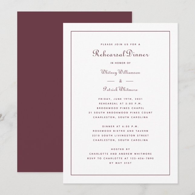 Convites Janto de ensaio Casamento Elegante Script Burgundy (Frente/Verso)