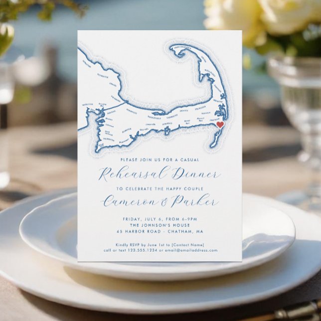 Convites Janto de Ensaio Casual de Casamento Chatham MÃE (Chatham MA Casual Cape Cod Wedding Rehearsal Dinner Invitation in Navy Blue from Coastal Map Designs)