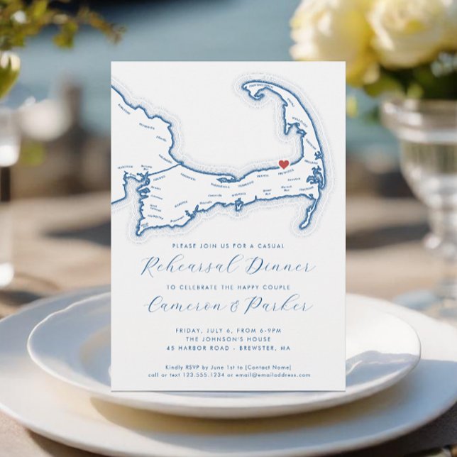 Convites Janto de Ensaio Casual de Casamento das MÃES Brews (Brewster MA Casual Cape Cod Wedding Rehearsal Dinner Invitation in Navy Blue from Coastal Map Design)