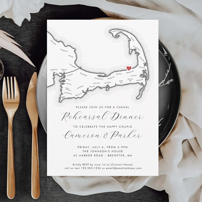 Convites Janto de Ensaio Casual de Casamento das MÃES Brews (Brewster MA Casual Wedding Rehearsal Dinner Invitation in Black and White from Coastal Map Designs)