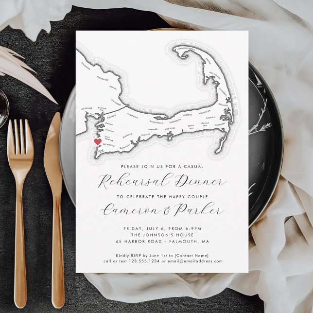 Convites Janto de Ensaio Casual de Casamento das MÃES Falmo (Falmouth MA Casual Wedding Rehearsal Dinner Invitation in Black and White from Coastal Map Designs)