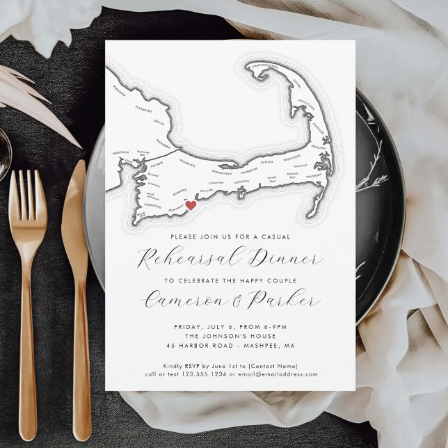 Convites Janto de Ensaio Casual de Casamento de MÃES Mashpe (Mashpee MA Casual Wedding Rehearsal Dinner Invitation in Black and White from Coastal Map Designs)