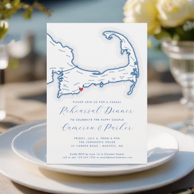 Convites Janto de Ensaio Casual de Casamento de MÃES Mashpe (Mashpee MA Casual Cape Cod Wedding Rehearsal Dinner Invitation in Navy Blue from Coastal Map Designs)