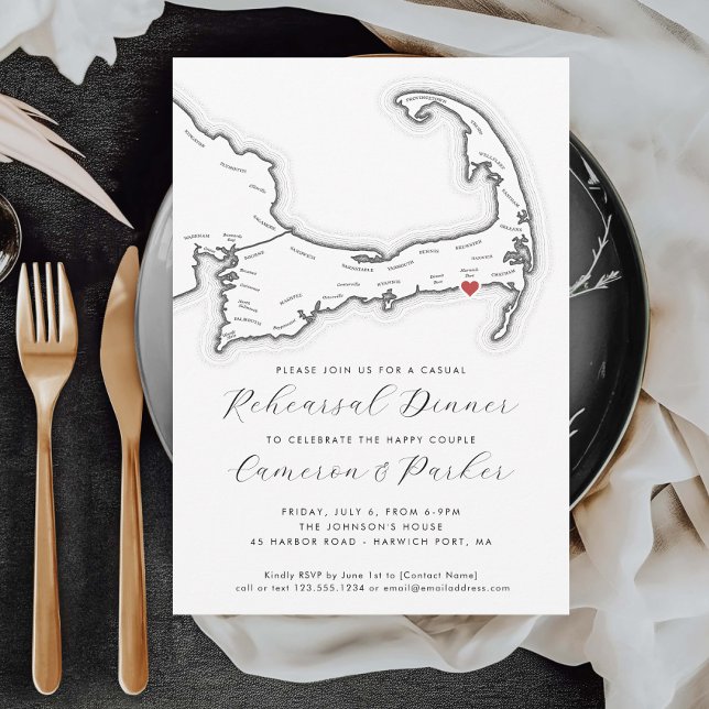 Convites Janto de Ensaio Casual de Casamentos de MÃES Harwi (Harwich Port MA Casual Wedding Rehearsal Dinner Invitation with Black and White Cape Cod Map)