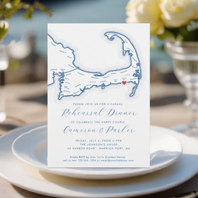Convites Janto de Ensaio Casual de Casamentos de MÃES Harwi (Harwich Port MA Casual Cape Cod Wedding Rehearsal Dinner Invitation in Blue - Coastal Map Designs)