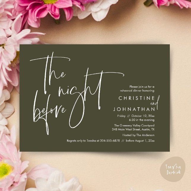 Convites Janto de ensaio casual de casamentos, na noite ant (The night before, Casual Modern Wedding Rehearsal Dinner Invitation Card PDF Olive Green)
