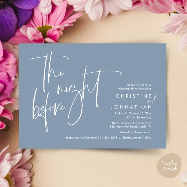 Convites Janto de ensaio casual de casamentos, na noite ant (The night before, Casual Modern Wedding Rehearsal Dinner Invitation Card PDF Dusty Blue)