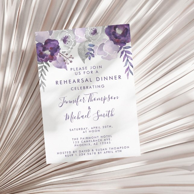 Convites Janto de ensaio com aquarela em roxo e prata (Purple and Silver Watercolor Rehearsal Dinner Invitation)
