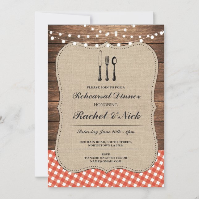 Convites Janto de ensaio Cutlery Red Check Rustic Invite (Frente)