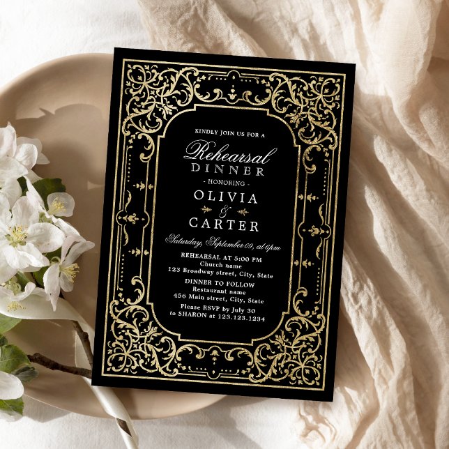Convites Janto de ensaio da safra elegante em preto e ouro (Black & gold elegant vintage rehearsal dinner invitation)