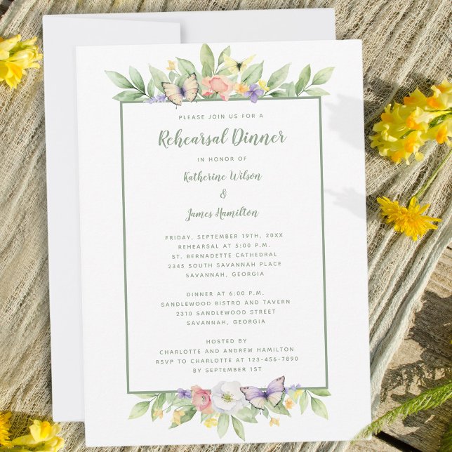 Convites Janto de ensaio das borboletas de aquarelas Florai (Watercolor Floral Butterflies Rehearsal Dinner Invitation)