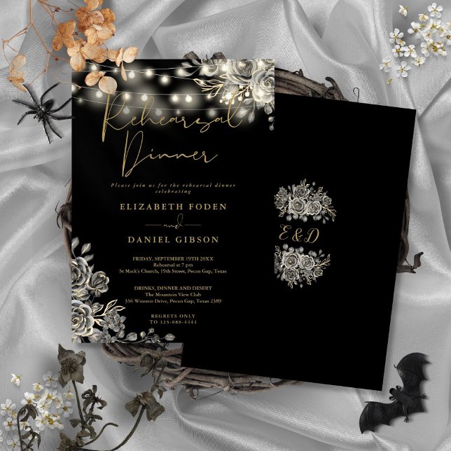Convites Janto de Ensaio das Luzes Florais Douradas Góticas (Gothic Black Gold Floral Lights Rehearsal Dinner Invitation)