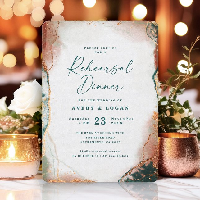 Convites Janto de ensaio de abstrato Teal e Casamento de Co (A chic invitation featuring a teal background with copper accents.)
