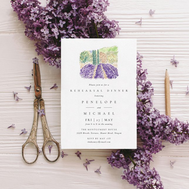 Convites Janto de Ensaio de Aquarela dos Campos de lavanda (Lavender Fields wedding rehearsal dinner invitation.)