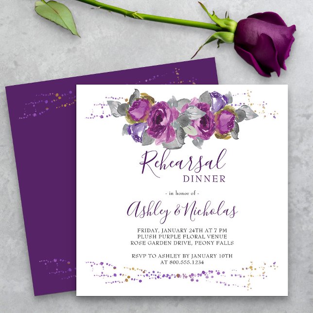 Convites Janto de Ensaio de Aquarela Floral Roxo Elegante (Purple Floral Rehearsal Dinner invitation from my Plush Purple Wedding Collection)