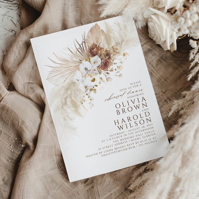 Convites Janto de Ensaio de Boho na Terra e Flores Brancas (Brown and White Floral Rehearsal Dinner Invitations)