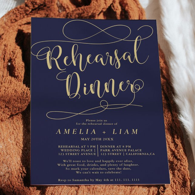 Convites Janto de ensaio de caligrafia em ouro azul-marinho (Criador carregado)