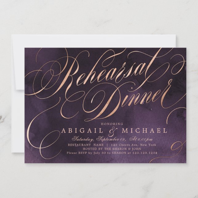Convites Janto de ensaio de caligrafia em ouro roxo e moody (Frente)