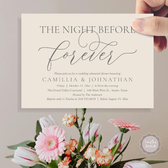 Convites Janto De Ensaio De Casamento, A Noite Antes De Sem (The Night Before Forever Wedding Rehearsal Dinner Romantic Classy Invites Card PDF in Cream Grey)