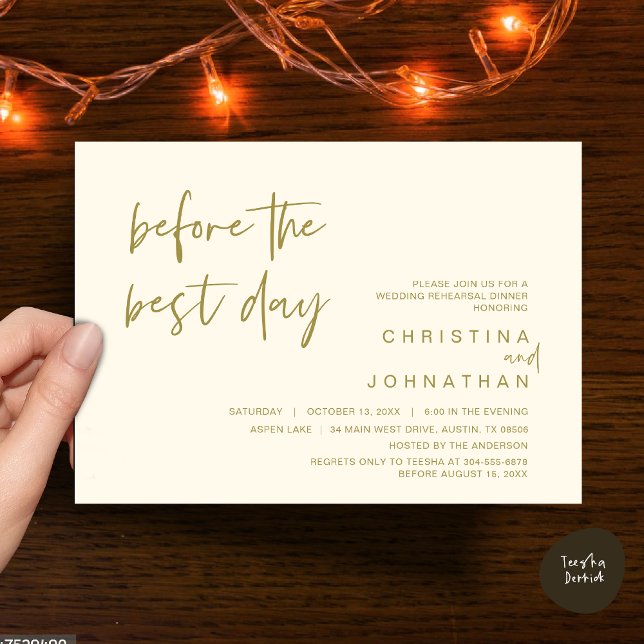Convites Janto de Ensaio de Casamento, Antes do Melhor Dia (Wedding Rehearsal Dinner, Lunch, Brunch, Before the Best Day Invitation Card, PDF, Yellow Gold)