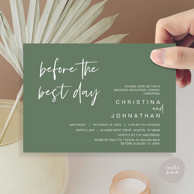 Convites Janto de Ensaio de Casamento, Antes do Melhor Dia (Wedding Rehearsal Dinner, Lunch, Brunch, Before the Best Day Invitation Card, PDF, Forest Sage Green)