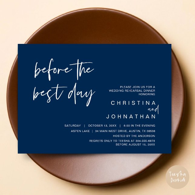 Convites Janto de Ensaio de Casamento, Antes do Melhor Dia (Wedding Rehearsal Dinner, Lunch, Brunch, Before the Best Day Invitation Card, PDF, Navy Blue)