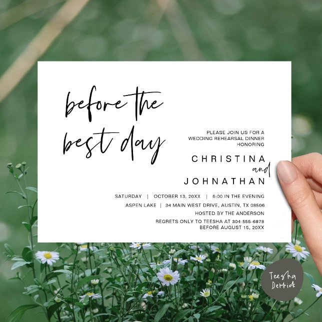 Convites Janto de Ensaio de Casamento, Antes do Melhor Dia (Wedding Rehearsal Dinner, Lunch, Brunch, Before the Best Day Invitation Card, PDF, White Black)