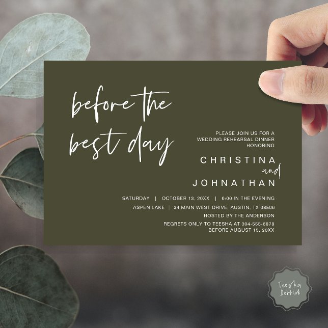 Convites Janto de Ensaio de Casamento, Antes do Melhor Dia (Wedding Rehearsal Dinner, Lunch, Brunch, Before the Best Day Invitation Card, PDF, Olive Green)