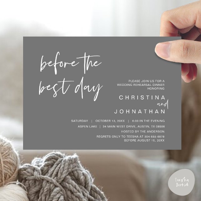 Convites Janto de Ensaio de Casamento, Antes do Melhor Dia (Wedding Rehearsal Dinner, Lunch, Brunch, Before the Best Day Invitation Card, PDF, Dark Grey)