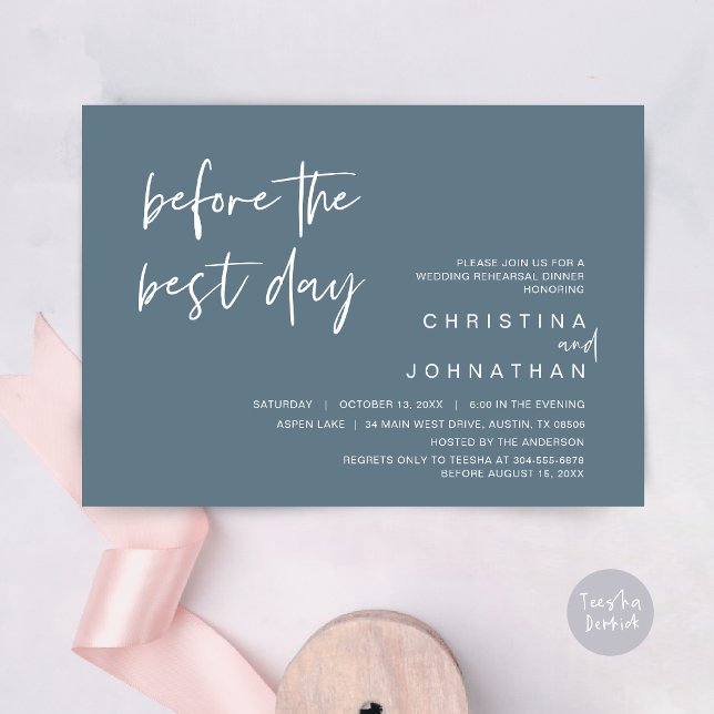 Convites Janto de Ensaio de Casamento, Antes do Melhor Dia (Wedding Rehearsal Dinner, Lunch, Brunch, Before the Best Day Invitation Card, PDF, Dark Dusty Blue)