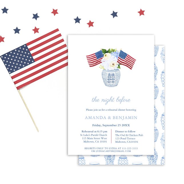 Convites Janto de Ensaio de Casamento Azul Branco Elegante (Elegant All-American Ginger Jar Florals Rehearsal Dinner Invitation)