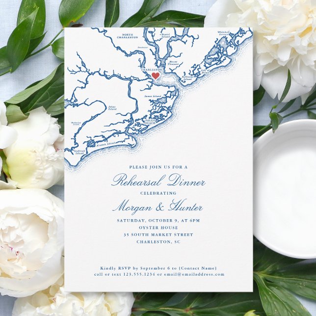 Convites Janto de Ensaio de Casamento Azul do Marinho do Ma (Charleston SC Map Wedding Rehearsal Dinner Invitation in elegant navy blue from Coastal Map Designs)