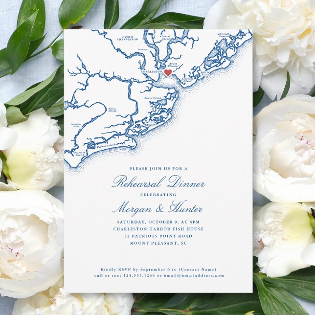 Convites Janto de Ensaio de Casamento Azul do Marinho Pleas (Mount Pleasant SC Map Wedding Rehearsal Dinner Invitation in Elegant Navy Blue - Coastal Map Designs)