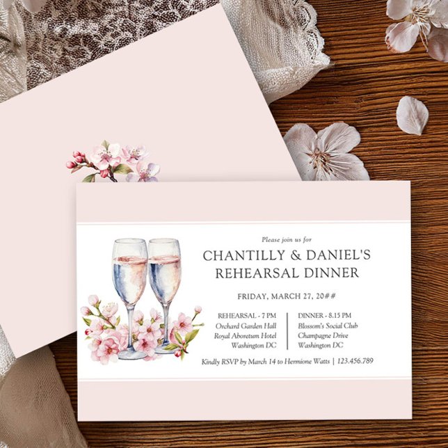 Convites Janto de Ensaio de Casamento com Champanhe de Cere (Wedding Rehearsal Dinner Invitation from the Cherry Blossom Wedding Collection by Darling & May)