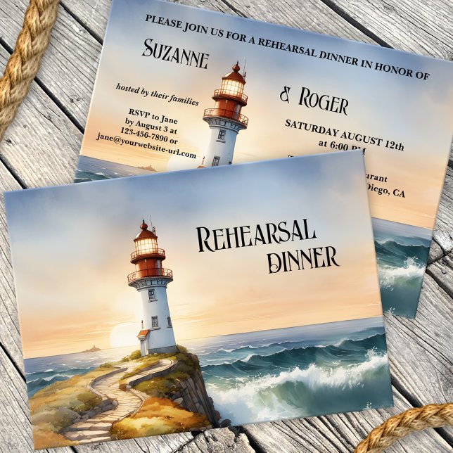 Convites Janto de Ensaio de Casamento com Farol de Aquarela (Nautical Rehearsal Dinner invitation featuring a watercolor painting of a lighthouse at sunset)